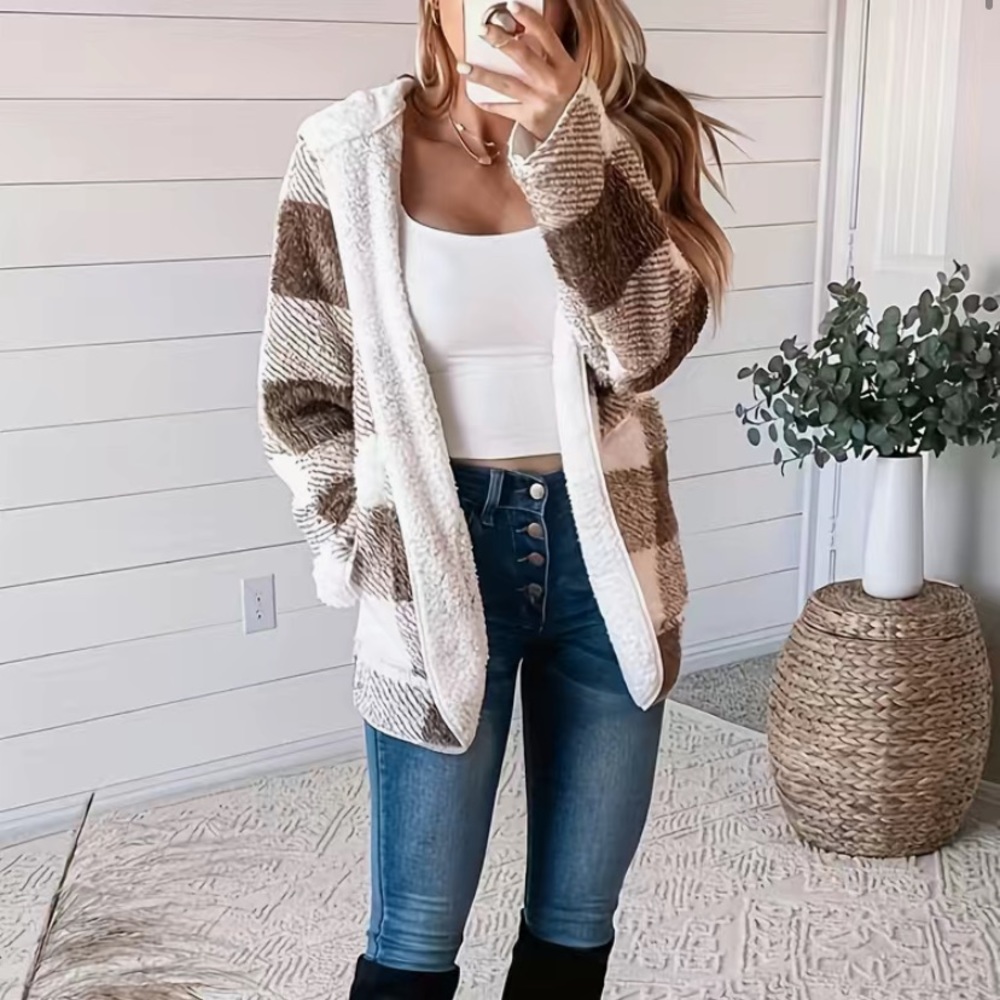 Brown Plaid Cozy Teddy Bear Open Front Hooded Cardi With Hood and Pockets